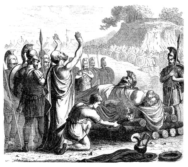 Funeral rites following the Battle of Coronea (also known as the First Battle of Coronea) Illustration of a Funeral rites following the Battle of Coronea (also known as the First Battle of Coronea) took place between the Athenian-led Delian League and the Boeotian League in 447 BC military funeral stock illustrations