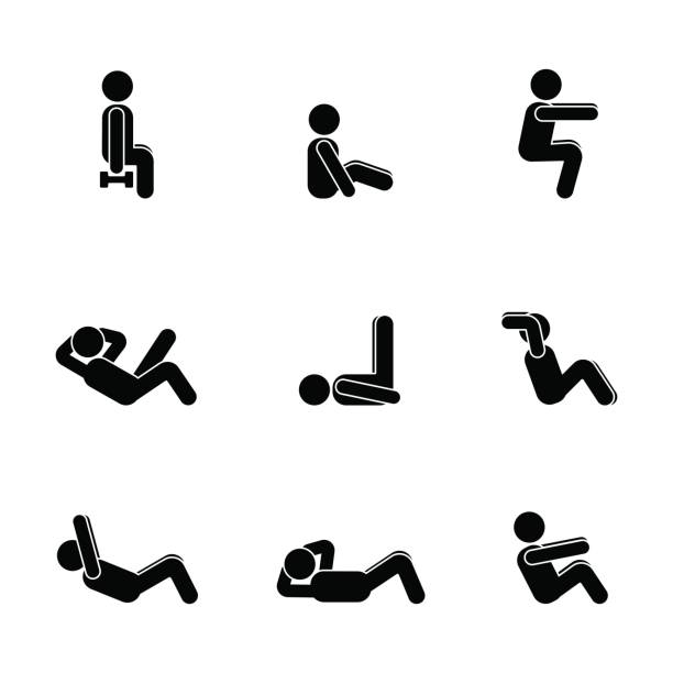 ilustrações, clipart, desenhos animados e ícones de exercícios de treino alongamento homem stick figura do corpo. estilo de vida saudável pictograma de ilustração vetorial - single step