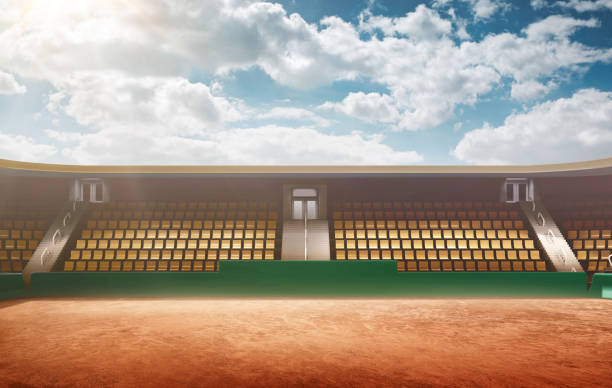 istock tennis court with viewing stand, front view, 3D illustration 818410512