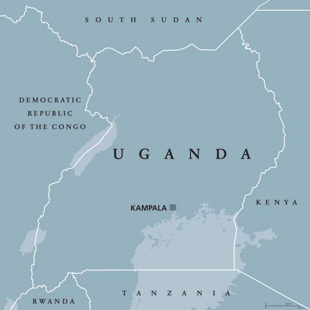 Uganda political map Uganda political map with capital Kampala. Republic in East Africa. Landlocked country in the African Great Lakes region, including a part of Lake Victoria. Gray illustration. English labeling. Vector uganda stock illustrations