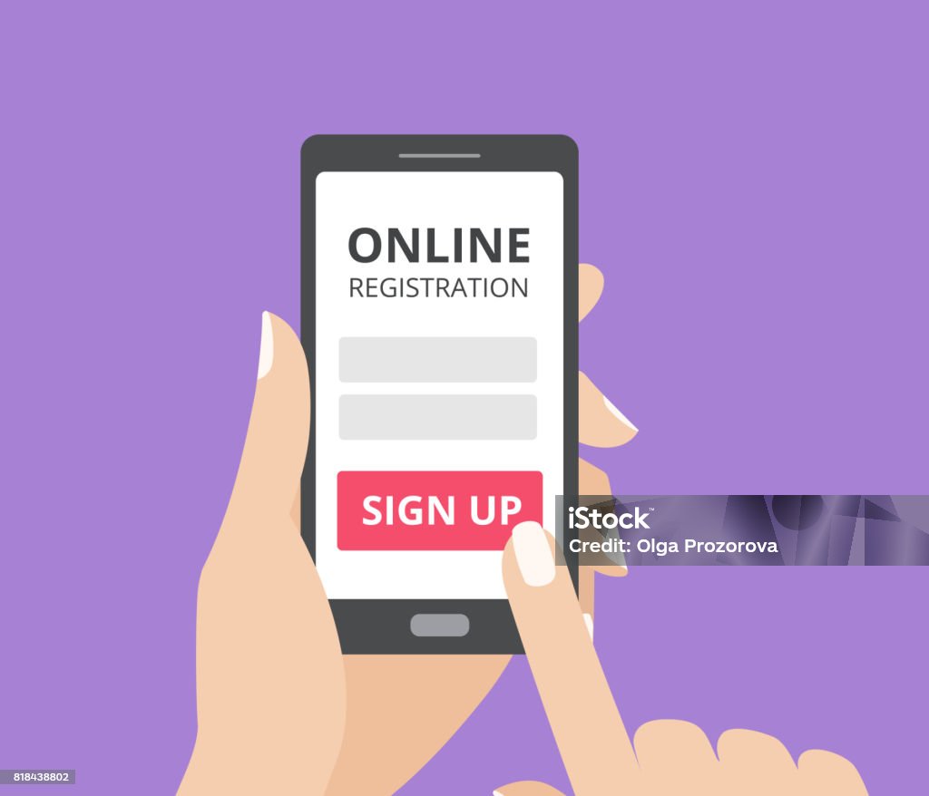 Hand touching screen of tablet computer with online registration form and sign up button. Hand holding smart phone and touching the screen with online registration form and sign up button. User login mobile application flat design concept. Registration Form stock vector