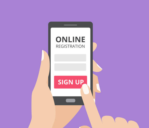 Hand touching screen of tablet computer with online registration form and sign up button. Hand holding smart phone and touching the screen with online registration form and sign up button. User login mobile application flat design concept. registration form stock illustrations
