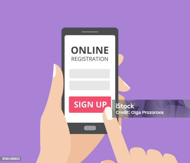 Hand Touching Screen Of Tablet Computer With Online Registration Form And Sign Up Button Stock Illustration - Download Image Now