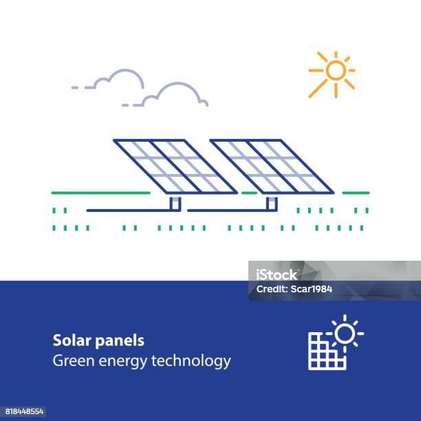 Solar Panels Line Icon Green Energy Concept Stock Illustration - Download Image Now - Solar Panel, Solar Energy, Outline