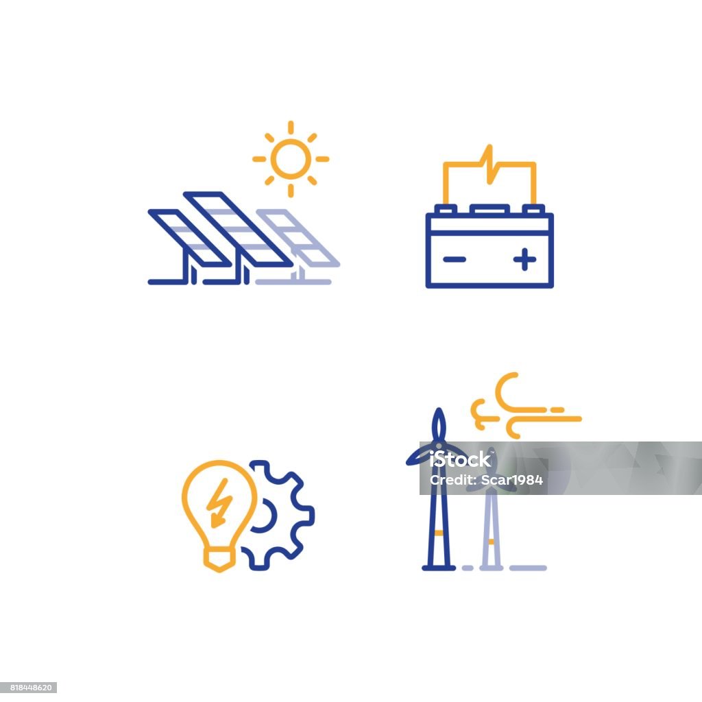 Offshore wind turbines and solar panels line icon, green energy concept Solar panels and wind farm energy concept, offshore wind turbines, green electricity, accumulator and light bulb vector line icon Solar Panel stock vector