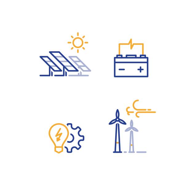 Offshore wind turbines and solar panels line icon, green energy concept Solar panels and wind farm energy concept, offshore wind turbines, green electricity, accumulator and light bulb vector line icon solar panel stock illustrations