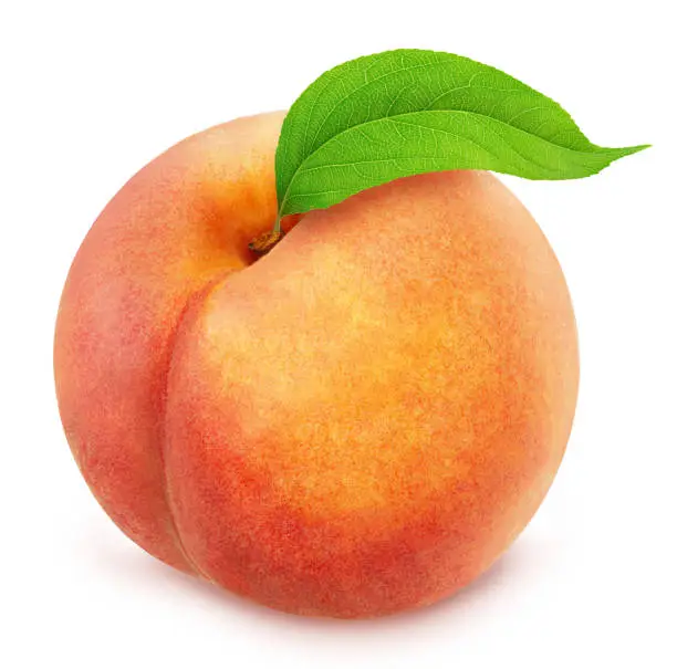 Photo of Peach with leaf. Full depth of field.