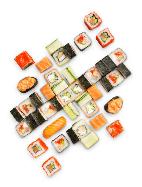 Set of sushi, maki and rolls isolated on white background