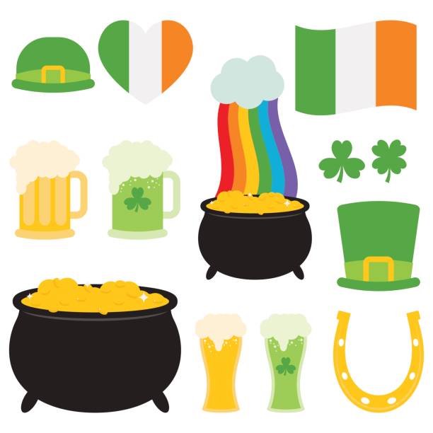 день святого патрика коллекция в белом фоне - luck st patricks day horseshoe rainbow stock illustrations