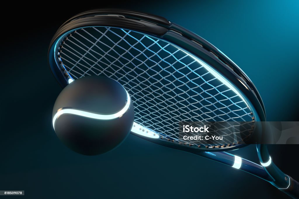 Tennis Racket Neon Blue Style High detailed 3D tennis racket with light source parts and a tennis ball on a dark background with blue futuristic style Tennis Stock Photo