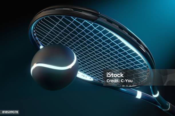 Tennis Racket Neon Blue Style Stock Photo - Download Image Now - Tennis, Three Dimensional, Neon Lighting