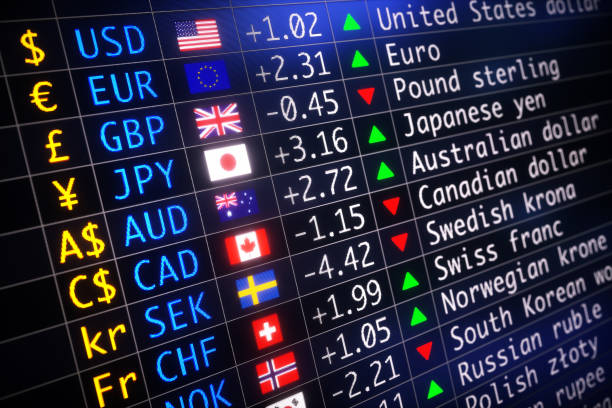 world currency exchange table with flags - spreadsheet financial figures computer computer monitor imagens e fotografias de stock