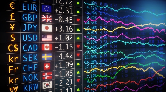 A side view on a currency exchange data table, with various important world currencies. The table expresses growth / decline rates with numbers and chart data.