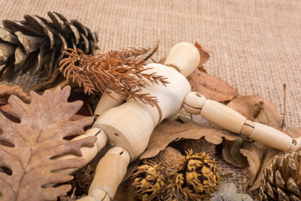 istock Wooden dolls posing amid leaves 818529116