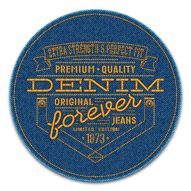 Badge with rivets and words embroidered on dark blue denim background. Vector realistic illustration. Badge with rivets and words: Denim Forever, Extra Strength & Perfect Fit, Premium Quality and Original Jeans. Label embroidered on dark blue denim background. Vector realistic illustration. patchwork stock illustrations