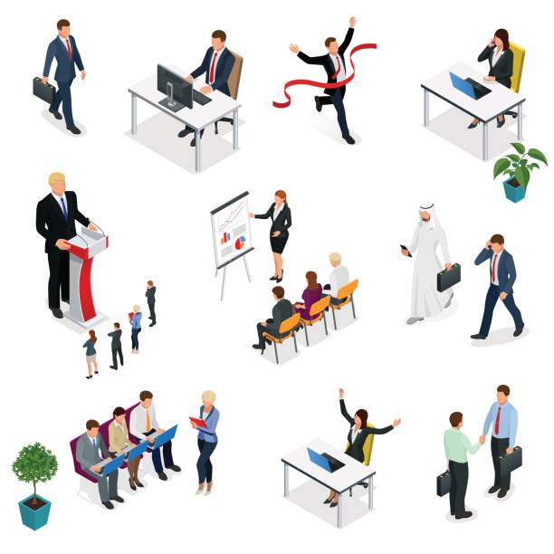 ilustrações de stock, clip art, desenhos animados e ícones de isometric business negotiations. trendy isometric young creative people. recruitment process to set isometric business employees on a white background. vector illustration. - group of objects business human resources laptop