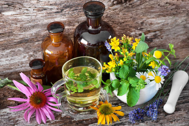 taza de té de hierbas con botellas medicinales y hierbas curativas en mortero - mortar and pestle lavender chamomile herb fotografías e imágenes de stock