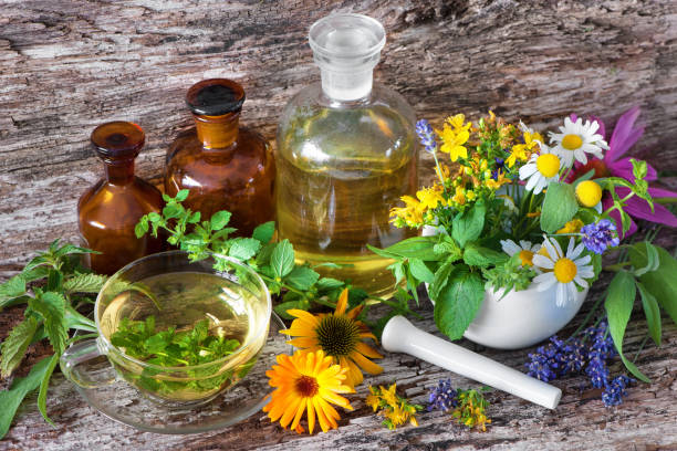 taza de té de hierbas con botellas medicinales y hierbas curativas en mortero - mortar and pestle lavender chamomile herb fotografías e imágenes de stock