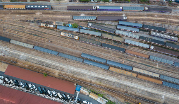 istock Top view of trains moving on railroad 818604202