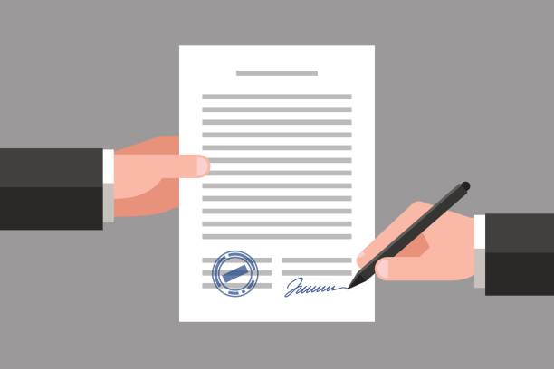 Signing of business document Hand keeping an document, and another hand keeping a pen. Signing an agreement. Business partnership concept will legal document stock illustrations
