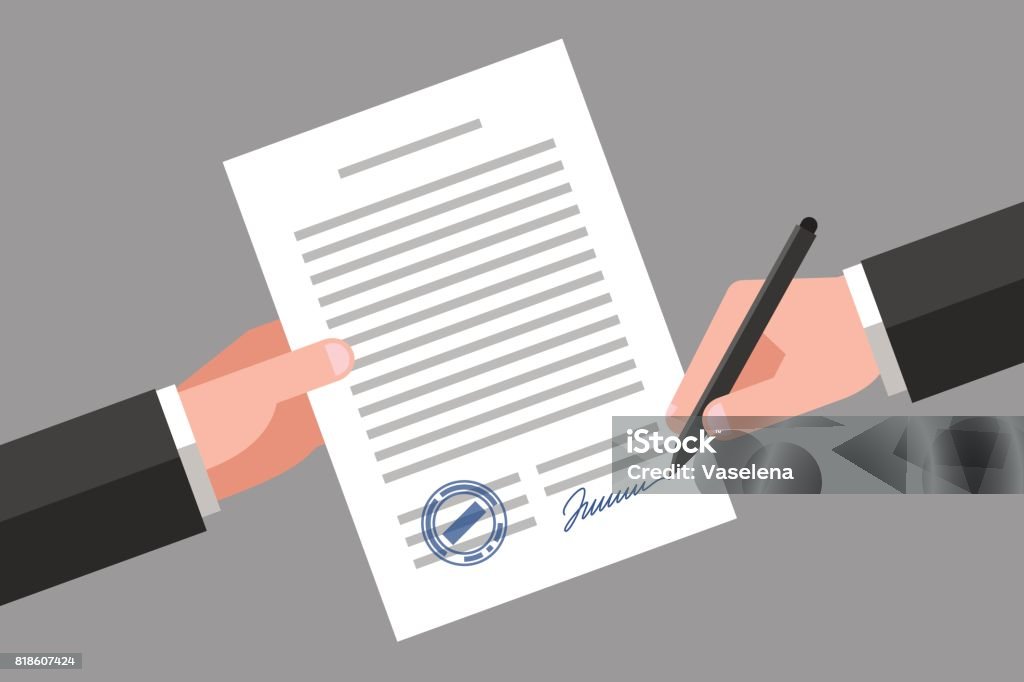 Signing of business document Hand keeping an document, and another hand keeping a pen. Signing an agreement. Business partnership concept Contract stock vector