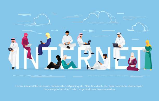 illustrazioni stock, clip art, cartoni animati e icone di tendenza di i giovani musulmani con tablet pc e laptop sono impegnati nell'apprendimento a distanza su internet. - islam women men arabia