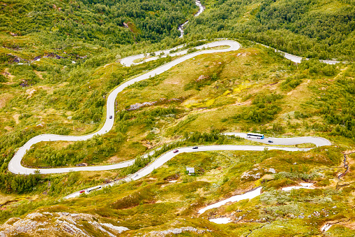 Road winding from village Geiranger to Dalsnibba mountain in More og Romsdal county, Norway.