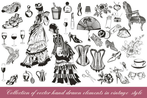 sammlung von vektor mode dame set zubehör textilhändler und kosmetik - vintage clothing stock-grafiken, -clipart, -cartoons und -symbole