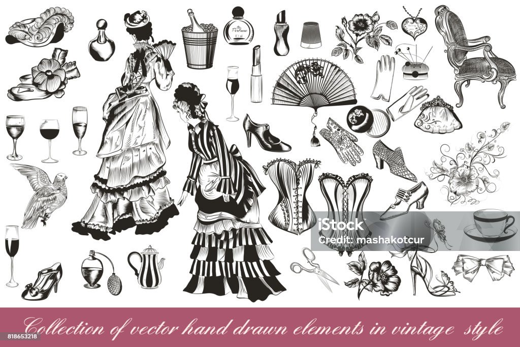 Collection de Dame mode vecteur défini clothiers accessoires et cosmétiques - clipart vectoriel de D'autrefois libre de droits