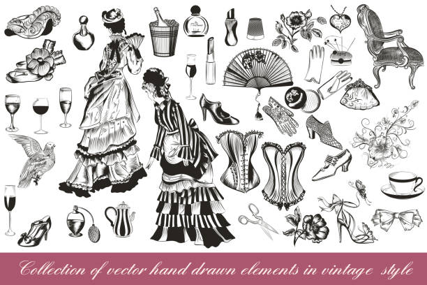 ilustrações de stock, clip art, desenhos animados e ícones de collection of vector fashion lady set accessories clothiers and cosmetic - shoe women retro revival fashion