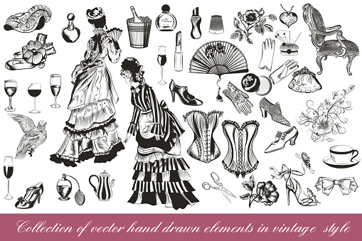 A collection or big set of hand drawn vintage styled elements lady accessories chairs flowers corsets and other