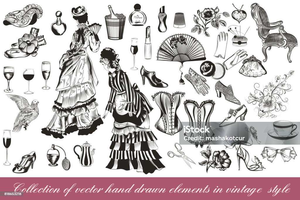 Collection of vector fashion lady set accessories clothiers and cosmetic A collection or big set of hand drawn vintage styled elements lady accessories chairs flowers corsets and other Old-fashioned stock vector