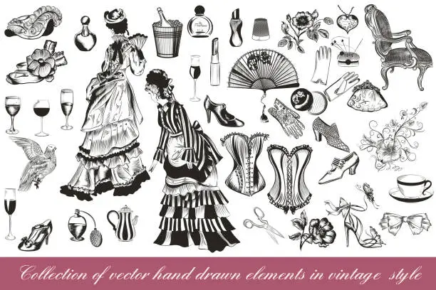 Vector illustration of Collection of vector fashion lady set accessories clothiers and cosmetic