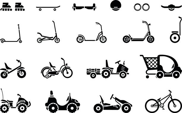 illustrazioni stock, clip art, cartoni animati e icone di tendenza di set di vari tipi di veicoli per bambini e mezzi di trasporto su ruote - figure skating