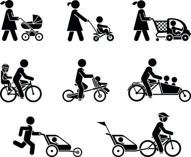 bildbanksillustrationer, clip art samt tecknat material och ikoner med föräldrar och deras barn på väg - parents children cargo bike