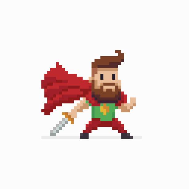 Pixel Art Hero Pixel art bearded hero character with red cape and sword ready to fight pixelated illustrations stock illustrations