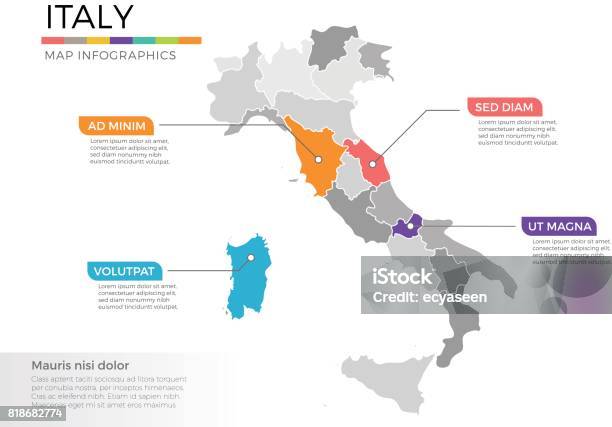 Italie Carte Infographie Vectorielle Modèle Avec Les Régions Et Les Marques De Pointeur Vecteurs libres de droits et plus d'images vectorielles de Italie