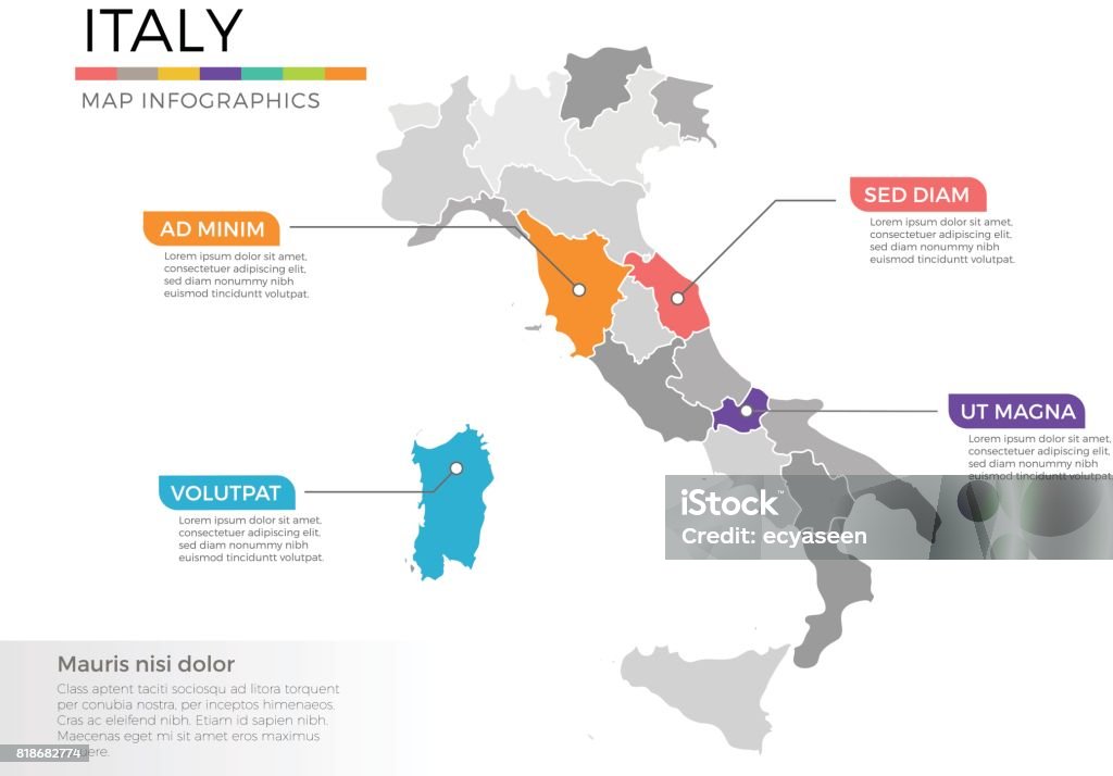 Modello vettoriale infografiche mappa Italia con aree e segni puntatore - arte vettoriale royalty-free di Italia