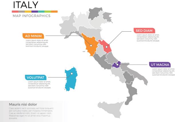 illustrazioni stock, clip art, cartoni animati e icone di tendenza di modello vettoriale infografiche mappa italia con aree e segni puntatore - italia