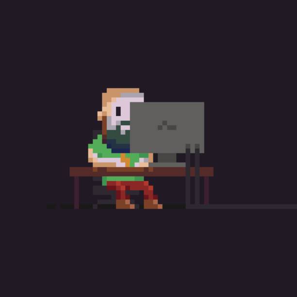 Pixel Art Hacker Pixel art male character sitting in front of computer display in the dark computer programming desk stock illustrations