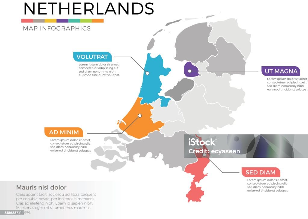 Netherlands map infographics vector template with regions and pointer marks Vector Illustration of regional maps with isolated colors for education, info-graphics and data purpose Map stock vector