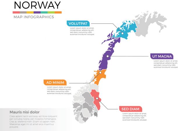 illustrations, cliparts, dessins animés et icônes de modèle de norvège carte infographie vector avec les régions et les marques de pointeur - map of norway