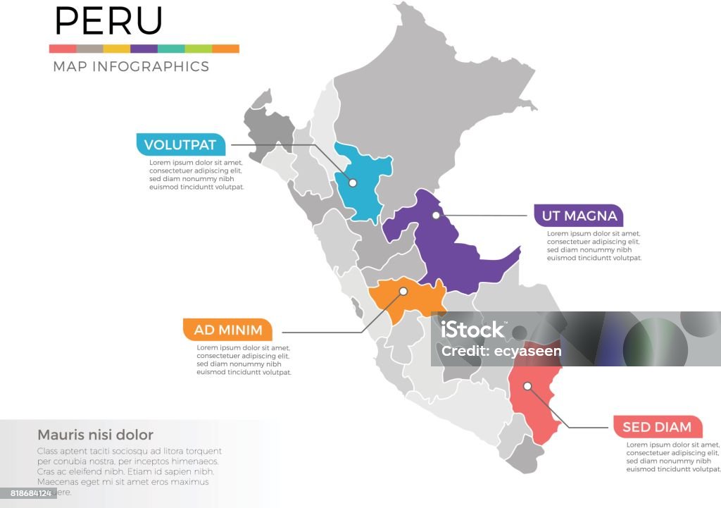 Plantilla de vector de infografía Perú mapa con regiones y marcas de puntero - arte vectorial de Perú libre de derechos