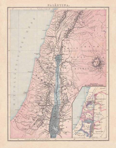 illustrazioni stock, clip art, cartoni animati e icone di tendenza di mappa storica della palestina con le dodici tribù di israele - canaan valley