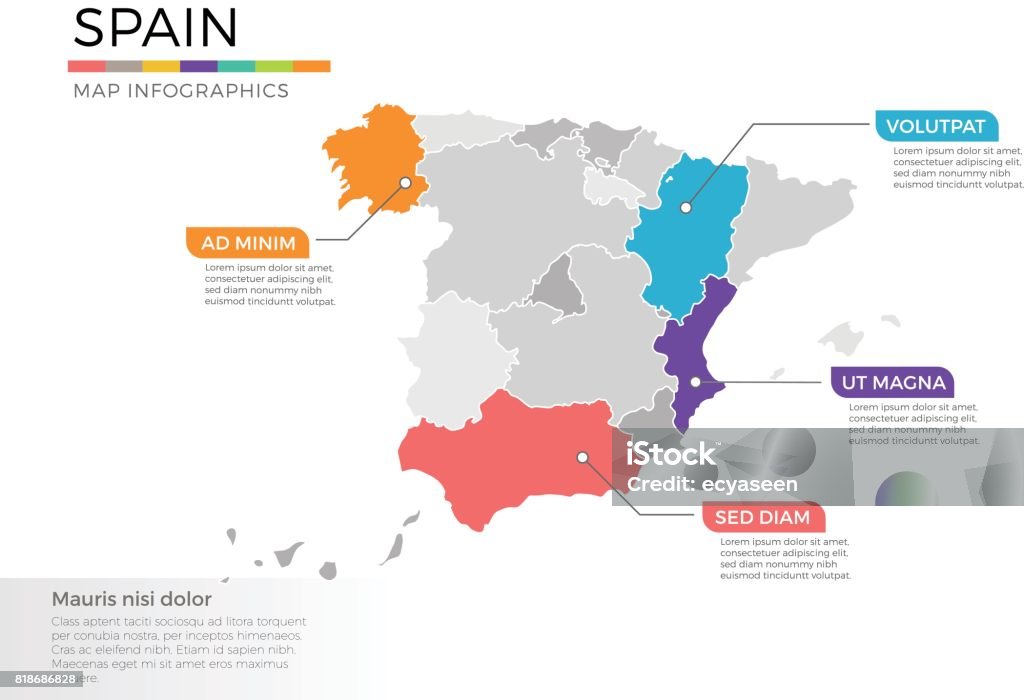 Spain map infographics vector template with regions and pointer marks Vector Illustration of regional maps with isolated colors for education, info-graphics and data purpose Map stock vector