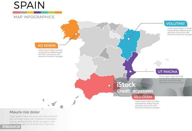 Spain Map Infographics Vector Template With Regions And Pointer Marks Stock Illustration - Download Image Now