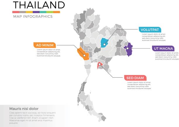 ilustraciones, imágenes clip art, dibujos animados e iconos de stock de plantilla de vector de infografía tailandia mapa con regiones y marcas de puntero - thailand