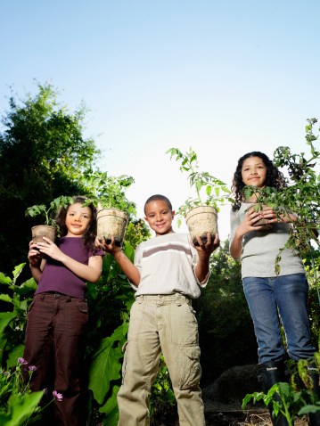 Mixed race family children enjoy the gadren holding organic plants for palnting 