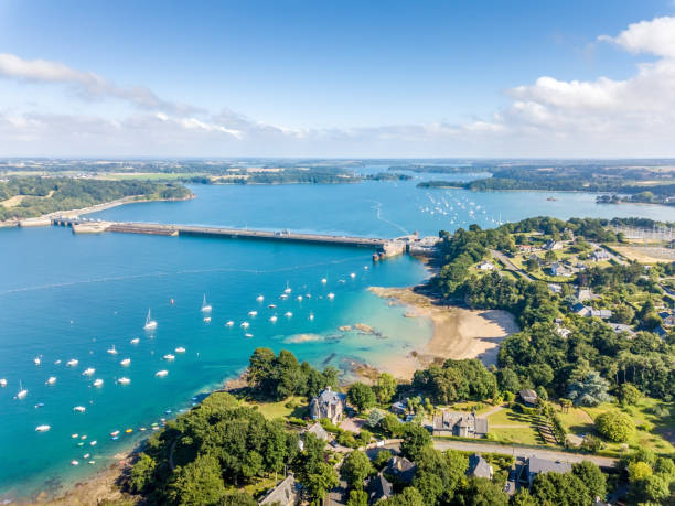 Aerial view on Barrage de la Rance in Brittany close to Saint Malo, Tidal energy stock photo