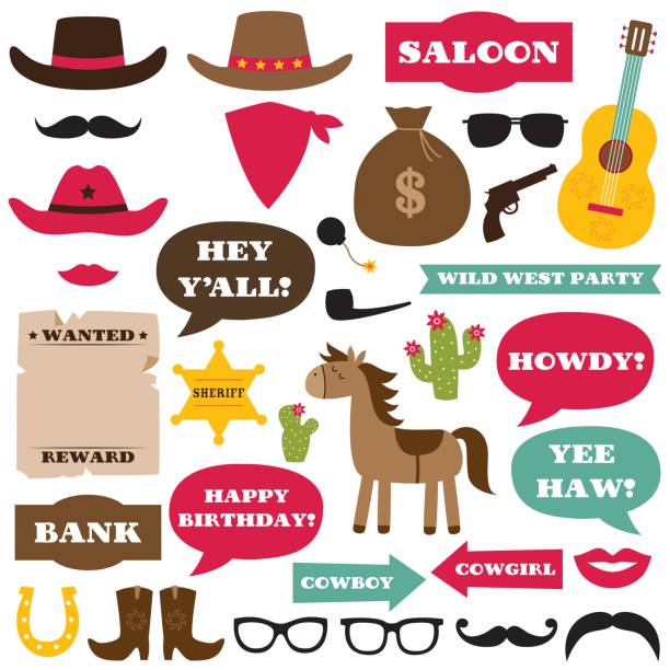 western cowboy party foto stand requisiten und dekoration - wild west fotos stock-grafiken, -clipart, -cartoons und -symbole